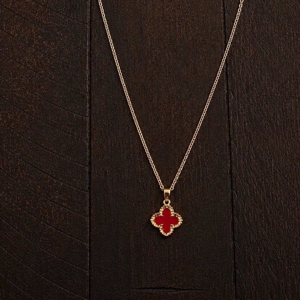 Red Clover Pendant Necklace Gold Tone Minimalist Necklace